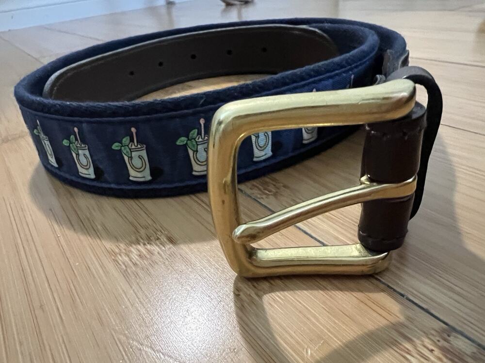 VINEYARD VINES Canvas Leather M Blue Brass Buckle Kentucky Derby mint juleps